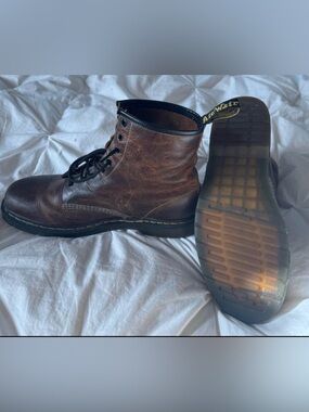 Dr. Martens Brown Leather Lace-Up Boots with Yellow Stitching